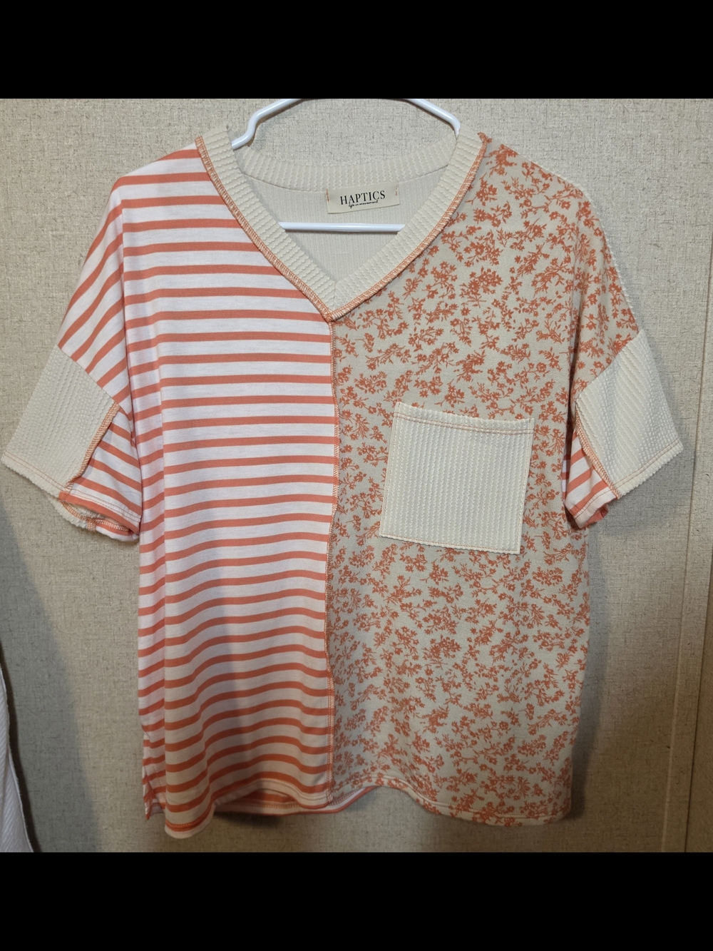 Haptics Coral Pink And Cream Floral & Stripe V-Neck Pocket Shirt.